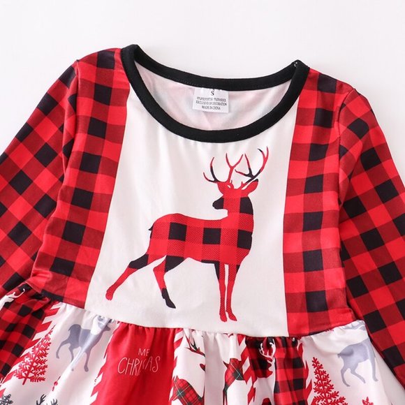 Boutique Reindeer Buffalo Plaid Girls Christmas Panel Twirls Dress - Picture 2 of 4